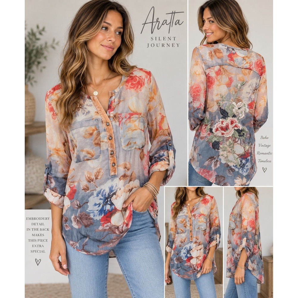 Aratta Top Floral Embroidered Velvet Trim Boho Blouse Medium